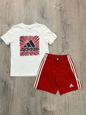adidas White Tee with Red & Black Logo and Red Athletic Shorts